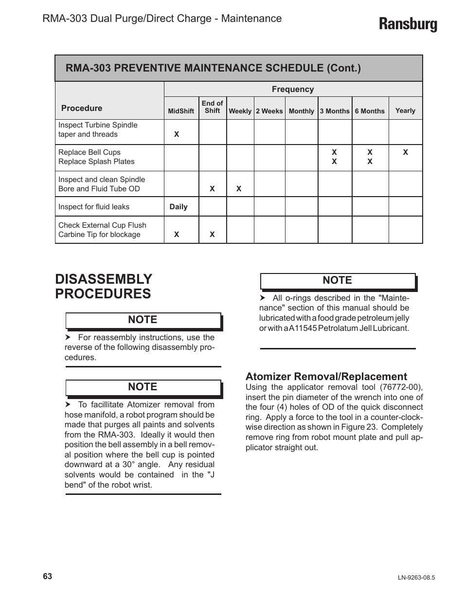 Ransburg, Disassembly procedures, Rma-303 dual purge/direct charge - maintenance | Atomizer removal/replacement, Rma-303 preventive maintenance schedule (cont.) | Ransburg RMA Dual Purge Direct A12300 User Manual | Page 68 / 116