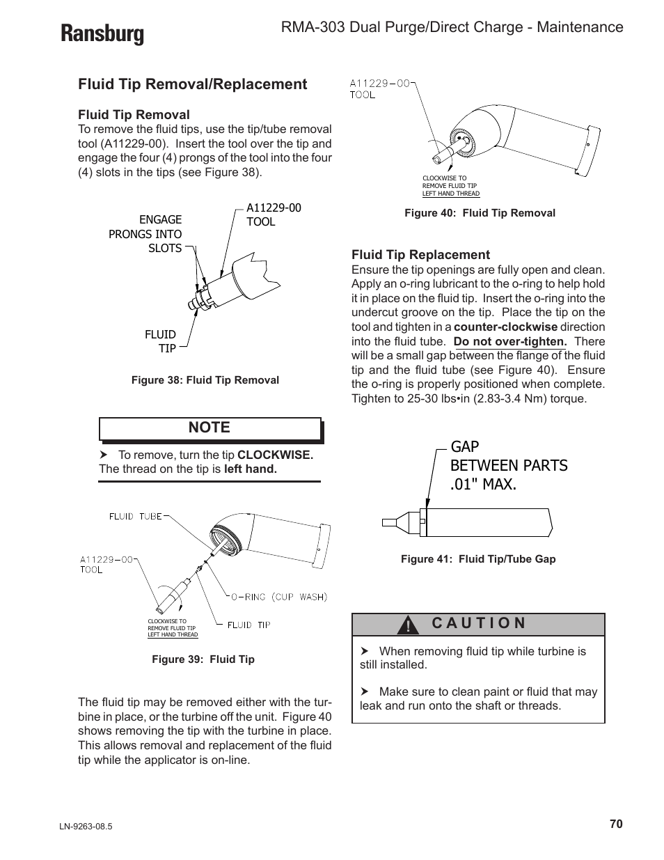 Ransburg, Gap between parts .01" max, Rma-303 dual purge/direct charge - maintenance | Fluid tip removal/replacement | Ransburg RMA Dual Purge Direct A12300 User Manual | Page 75 / 116