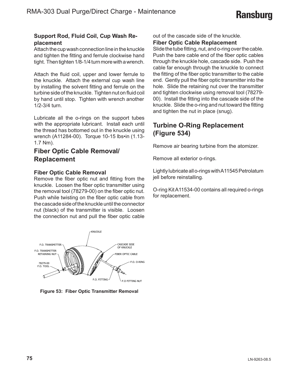 Ransburg, Rma-303 dual purge/direct charge - maintenance, Fiber optic cable removal/ replacement | Turbine o-ring replacement (figure 534) | Ransburg RMA Dual Purge Direct A12300 User Manual | Page 80 / 116