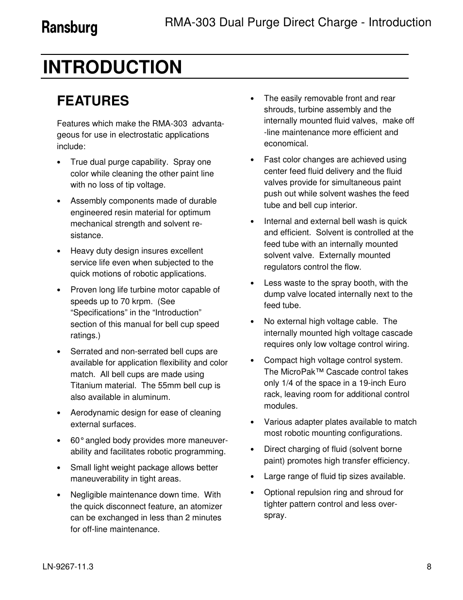 Introduction, Features, Rma-303 dual purge direct charge - introduction | Ransburg RMA Dual Purge Direct A12868 User Manual | Page 11 / 120