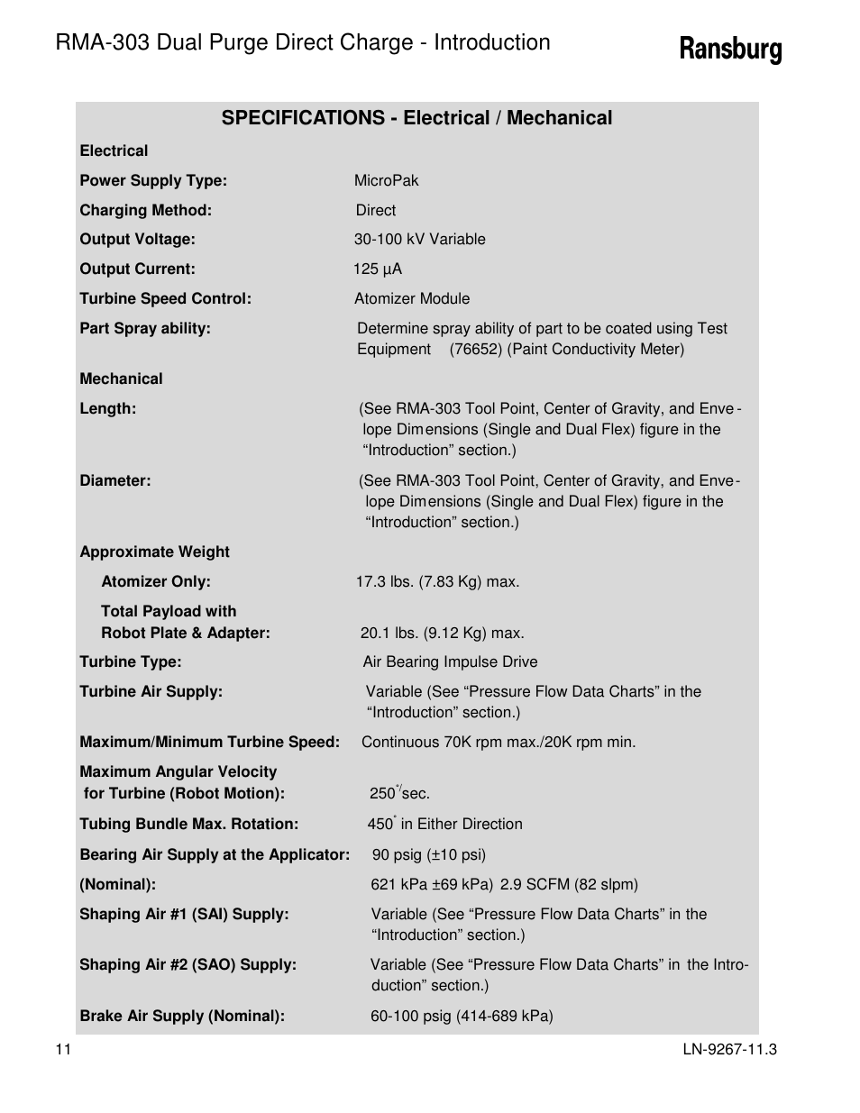 Rma-303 dual purge direct charge - introduction, Specifications - electrical / mechanical | Ransburg RMA Dual Purge Direct A12868 User Manual | Page 14 / 120