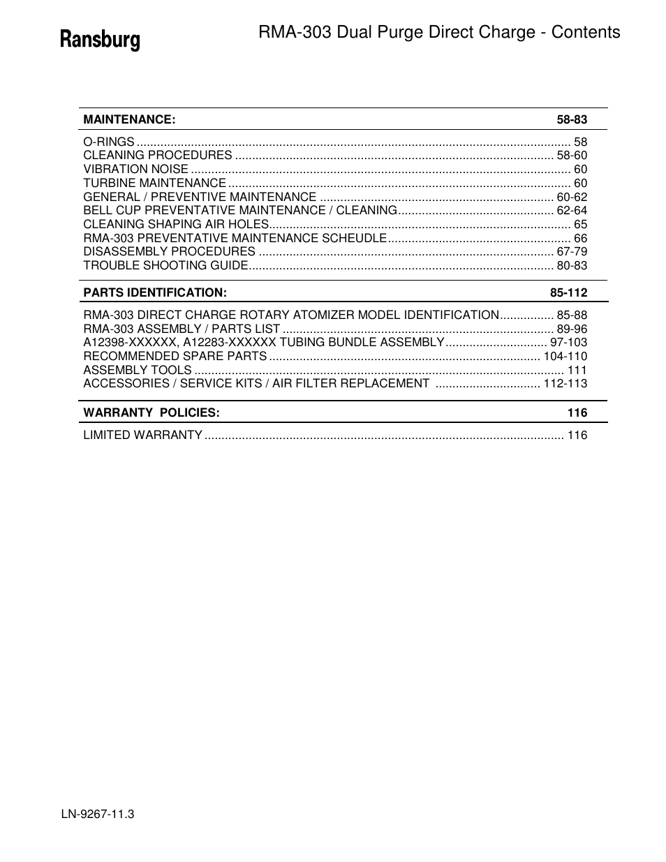 Rma-303 dual purge direct charge - contents | Ransburg RMA Dual Purge Direct A12868 User Manual | Page 3 / 120