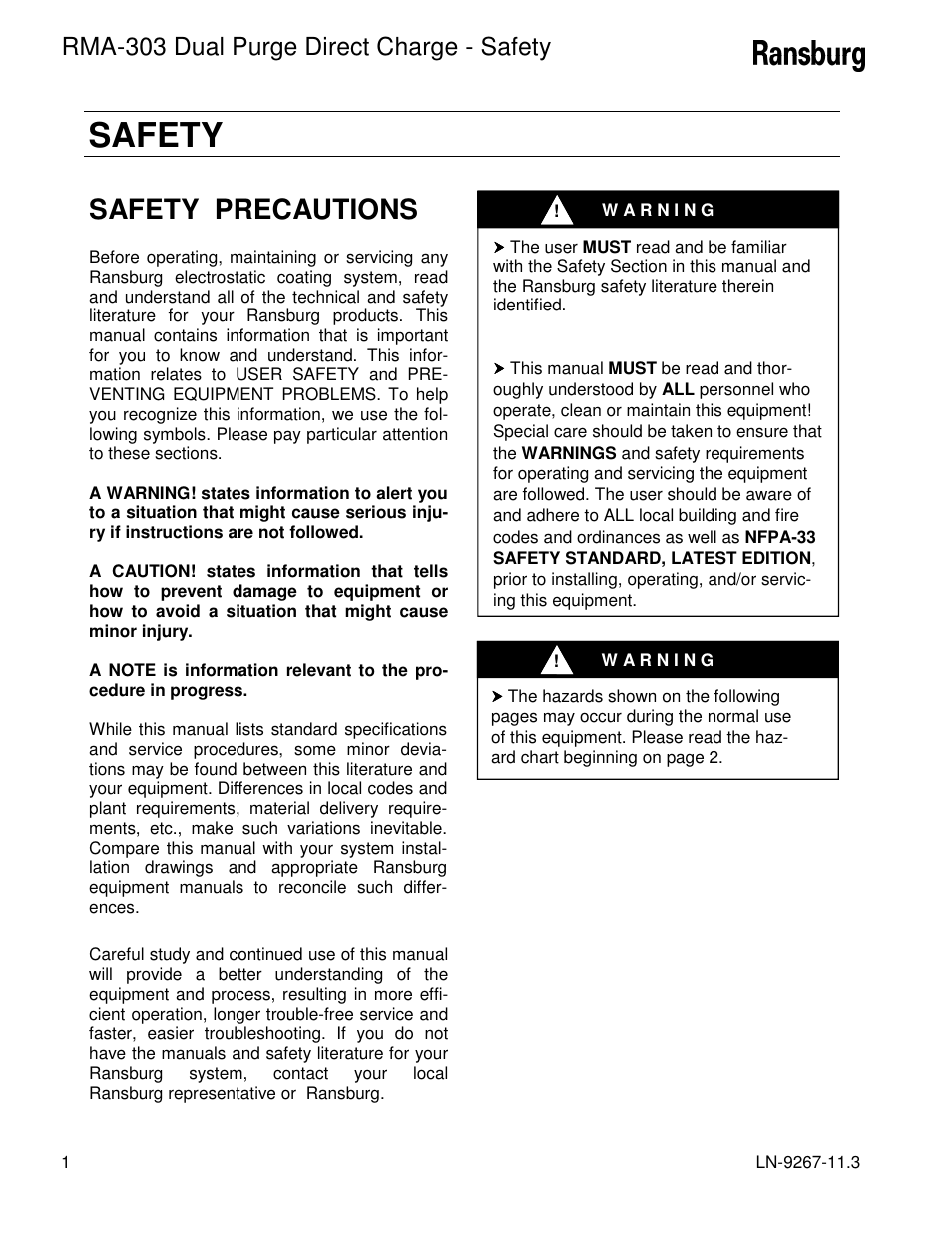 Safety, Safety precautions, Rma-303 dual purge direct charge - safety | Ransburg RMA Dual Purge Direct A12868 User Manual | Page 4 / 120