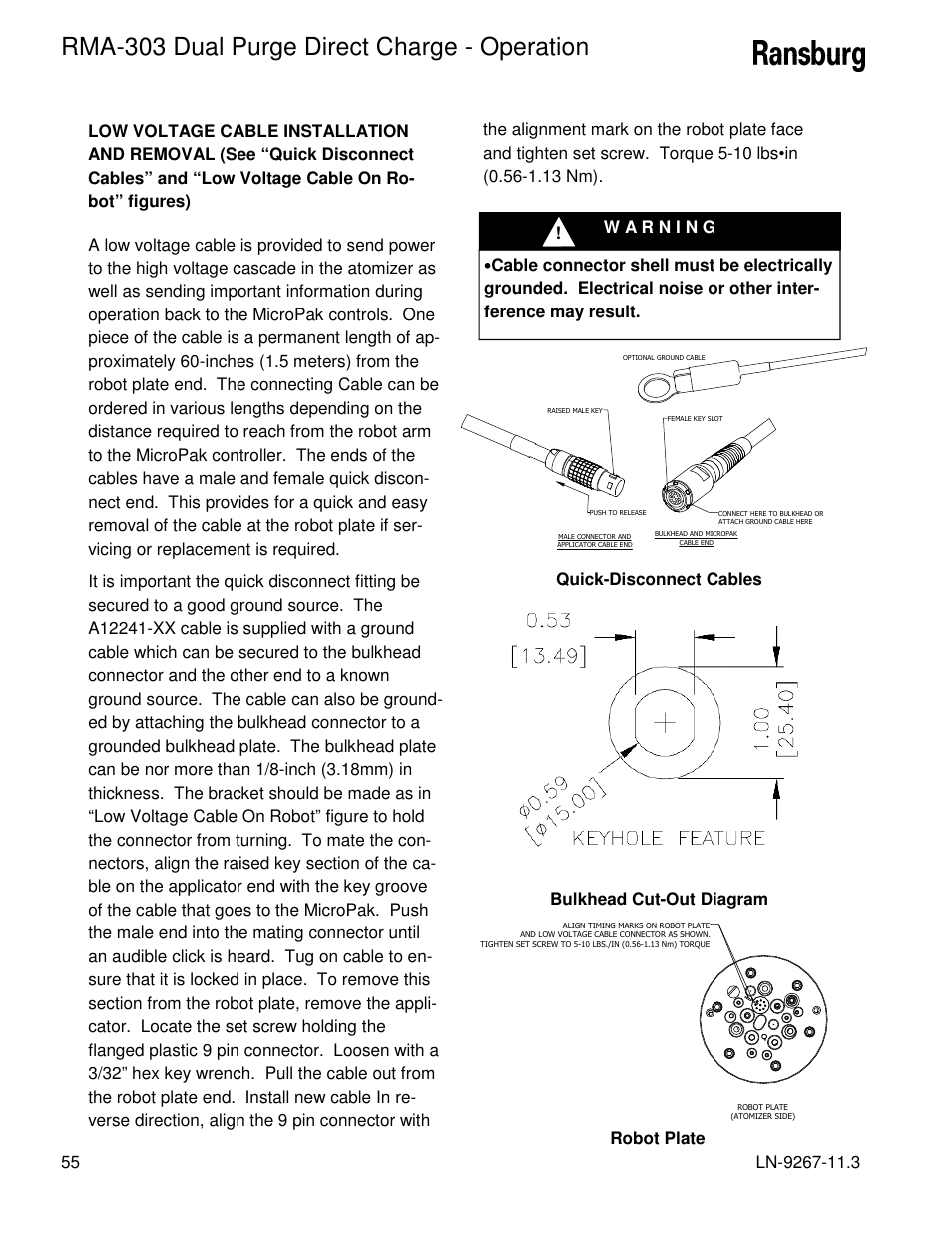 Rma-303 dual purge direct charge - operation, Quick-disconnect cables bulkhead cut-out diagram, Robot plate | Ransburg RMA Dual Purge Direct A12868 User Manual | Page 58 / 120