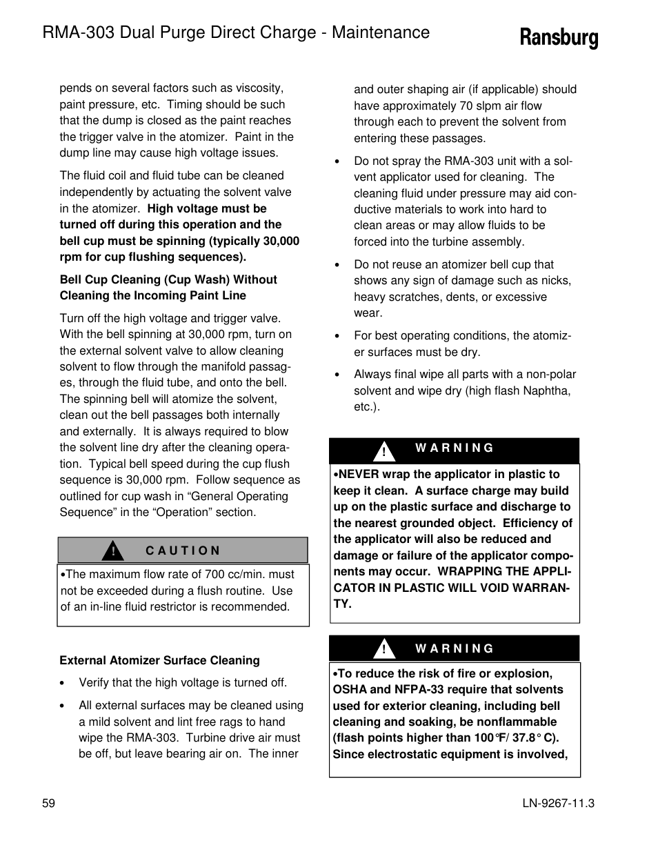 Rma-303 dual purge direct charge - maintenance | Ransburg RMA Dual Purge Direct A12868 User Manual | Page 62 / 120