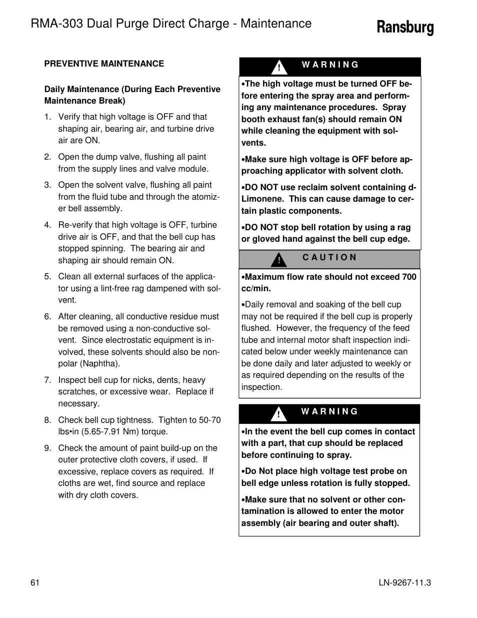 Rma-303 dual purge direct charge - maintenance | Ransburg RMA Dual Purge Direct A12868 User Manual | Page 64 / 120