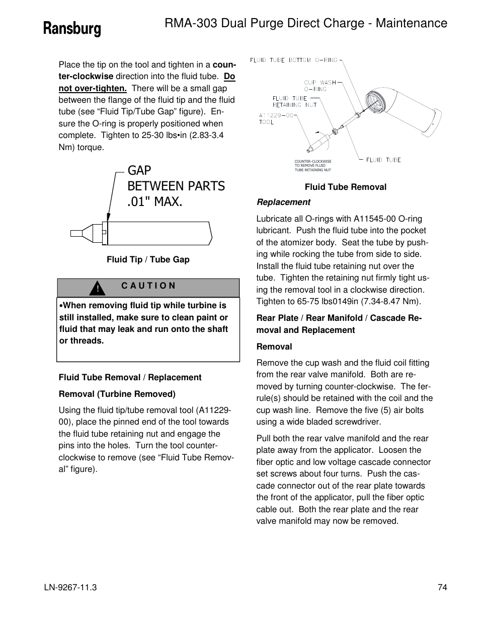 Gap between parts .01" max, Rma-303 dual purge direct charge - maintenance | Ransburg RMA Dual Purge Direct A12868 User Manual | Page 77 / 120