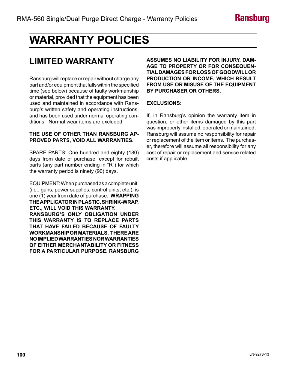 Warranty policies, Ransburg, Limited warranty | Ransburg RMA-560 Single_Dual Purge Direct A13364 User Manual | Page 103 / 104