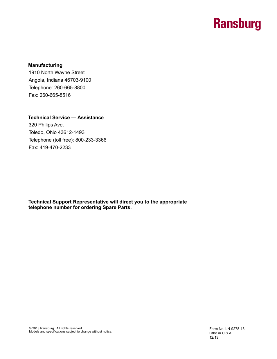 Back cover, Ransburg | Ransburg RMA-560 Single_Dual Purge Direct A13364 User Manual | Page 104 / 104