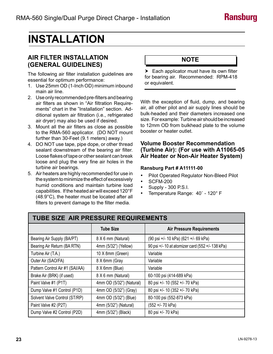 Installation, Air filter installation, Ransburg | Ransburg RMA-560 Single_Dual Purge Direct A13364 User Manual | Page 26 / 104
