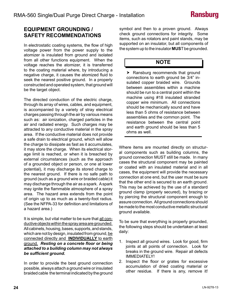 Equipment grounding / safety recommendations, Ransburg | Ransburg RMA-560 Single_Dual Purge Direct A13364 User Manual | Page 27 / 104