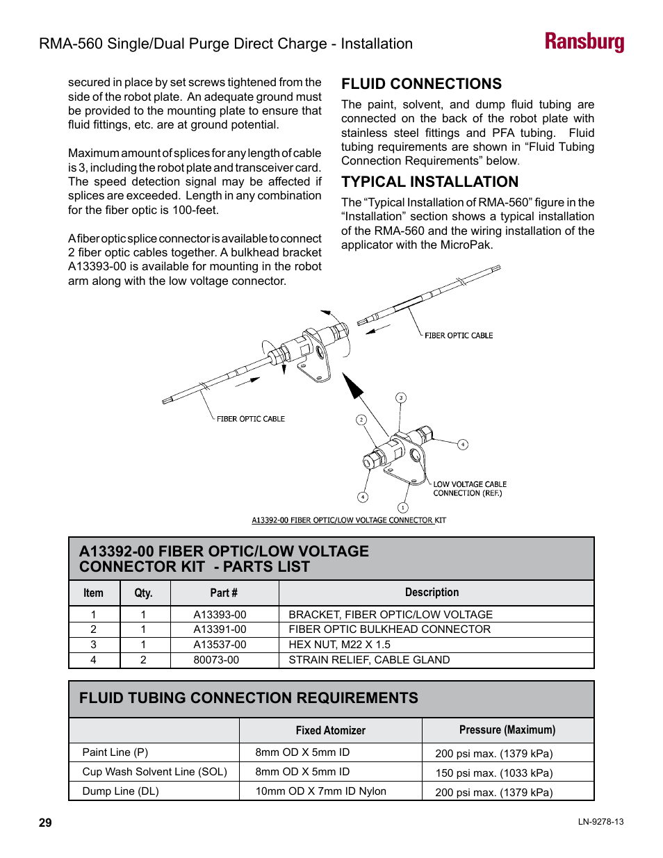 Fluid connections, Typical installation, Ransburg | Fluid tubing connection requirements | Ransburg RMA-560 Single_Dual Purge Direct A13364 User Manual | Page 32 / 104