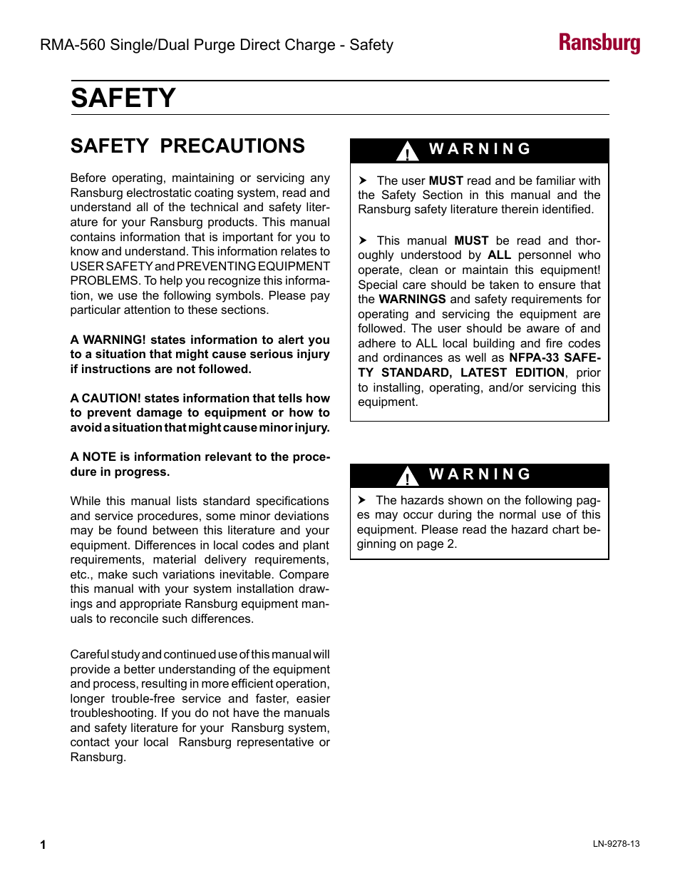 Safety, Safety precautions, Ransburg | Ransburg RMA-560 Single_Dual Purge Direct A13364 User Manual | Page 4 / 104