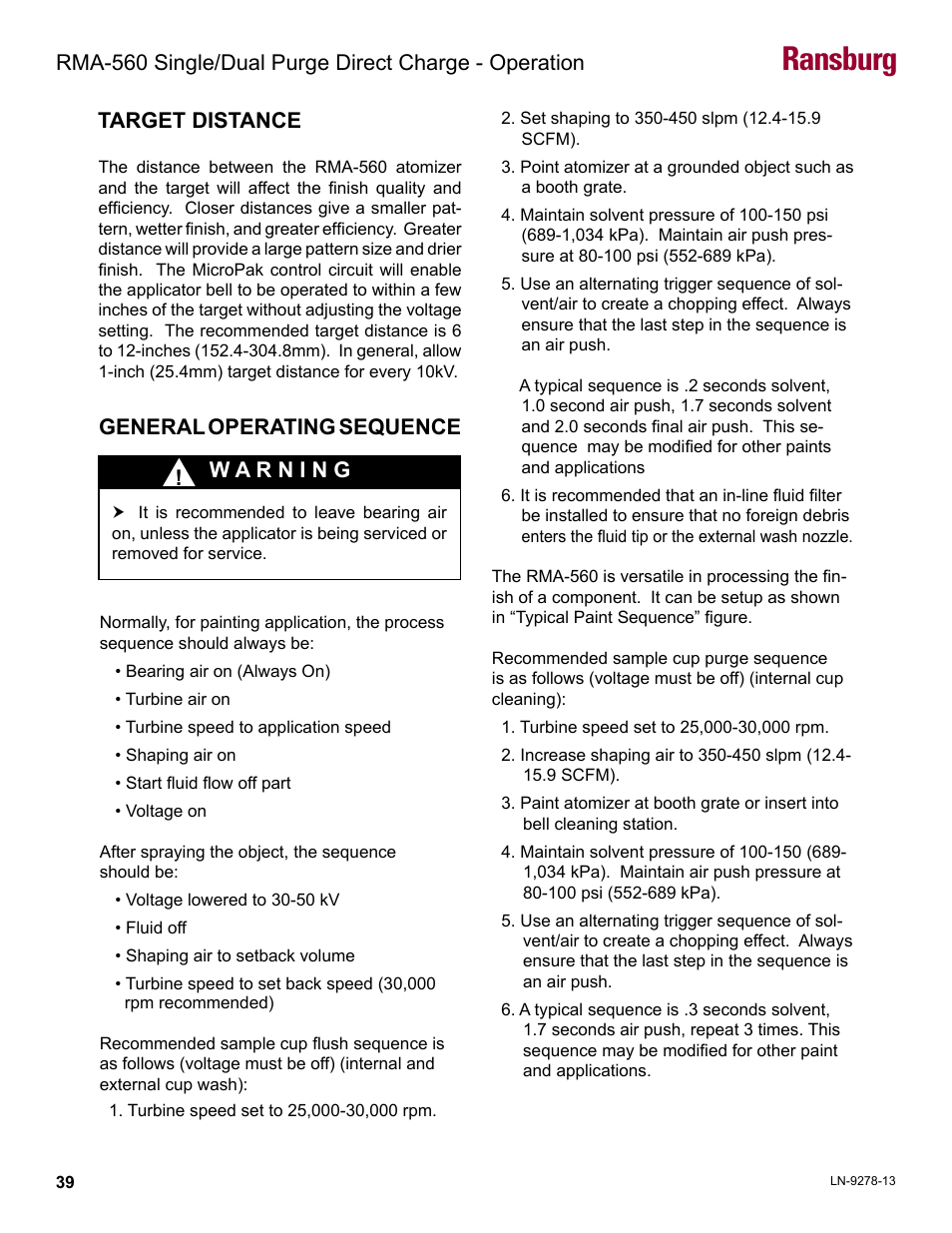 Target distance, General operating sequence, Ransburg | Ransburg RMA-560 Single_Dual Purge Direct A13364 User Manual | Page 42 / 104