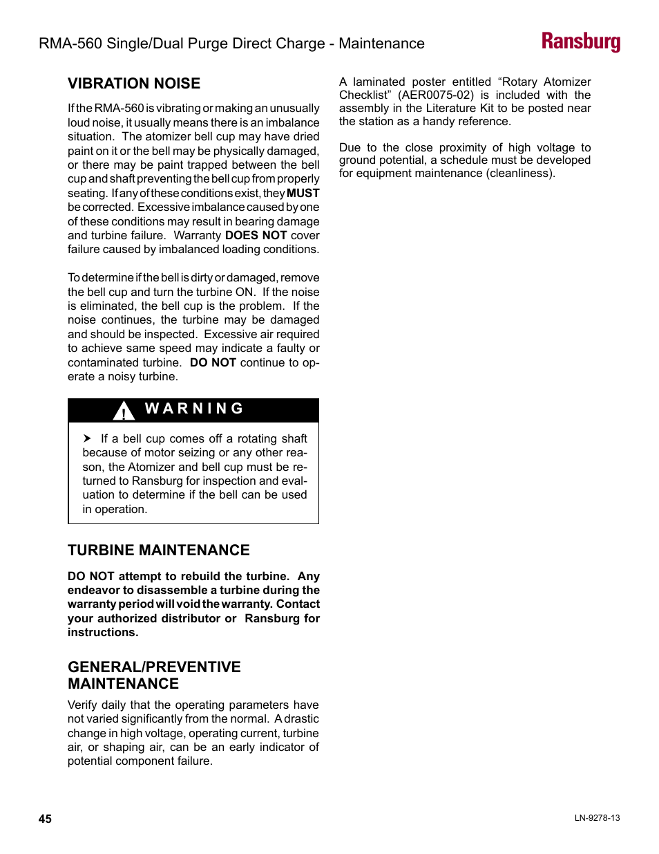Vibration noise, General/preventive maintenance, Ransburg | Ransburg RMA-560 Single_Dual Purge Direct A13364 User Manual | Page 48 / 104