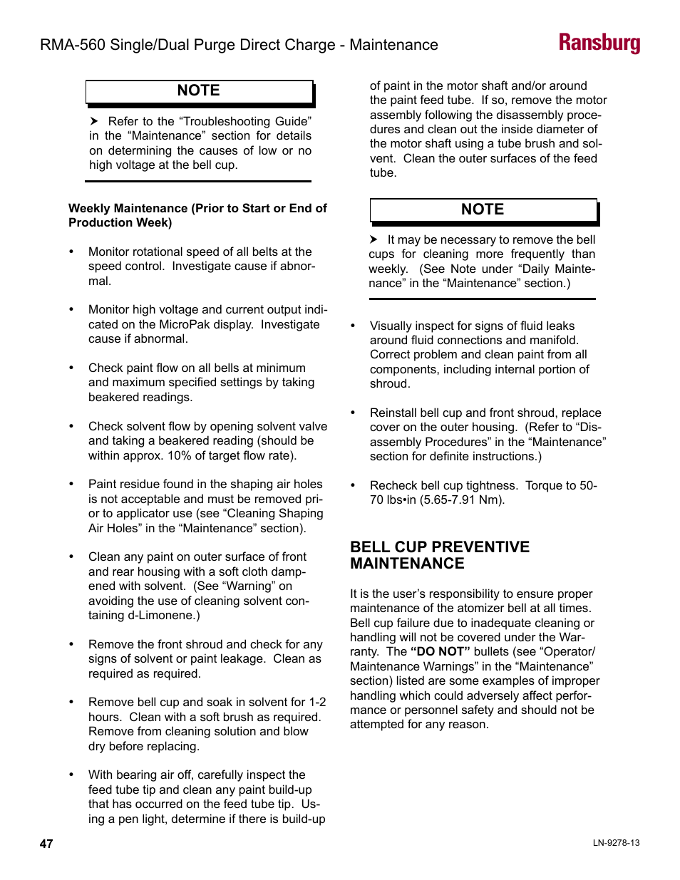 Bell cup preventive maintenance, Ransburg | Ransburg RMA-560 Single_Dual Purge Direct A13364 User Manual | Page 50 / 104