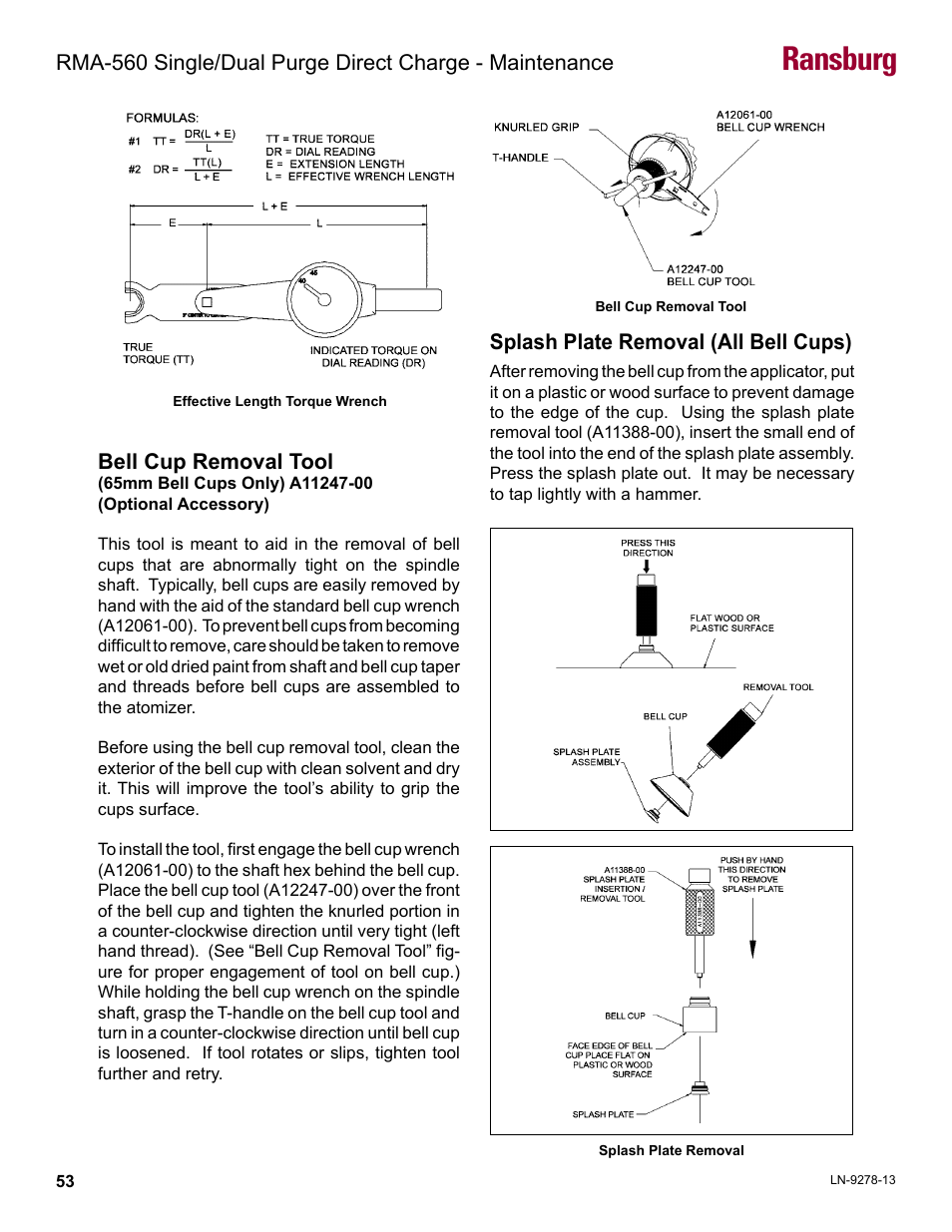 Ransburg, Bell cup removal tool, Splash plate removal (all bell cups) | Ransburg RMA-560 Single_Dual Purge Direct A13364 User Manual | Page 56 / 104