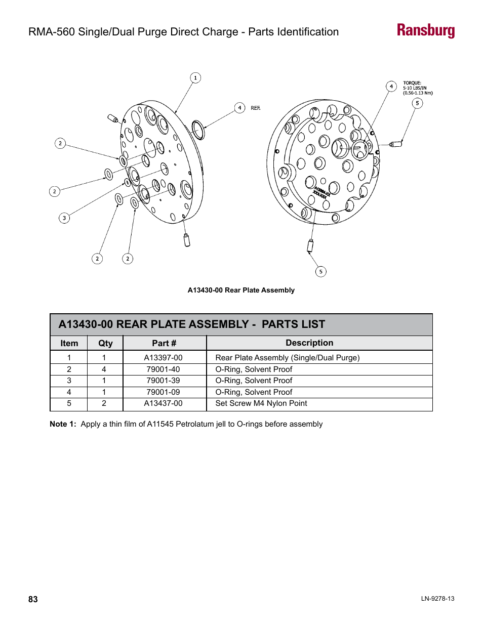 A13430-00 rear plate assembly - parts list, Ransburg | Ransburg RMA-560 Single_Dual Purge Direct A13364 User Manual | Page 86 / 104