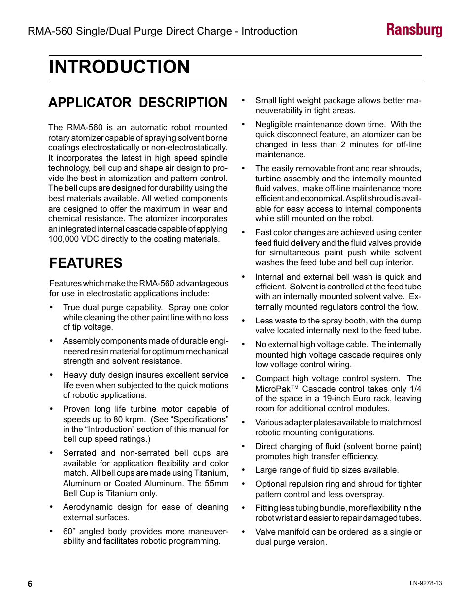 Introduction, Applicator description, Features | Ransburg | Ransburg RMA-560 Single_Dual Purge Direct A13364 User Manual | Page 9 / 104