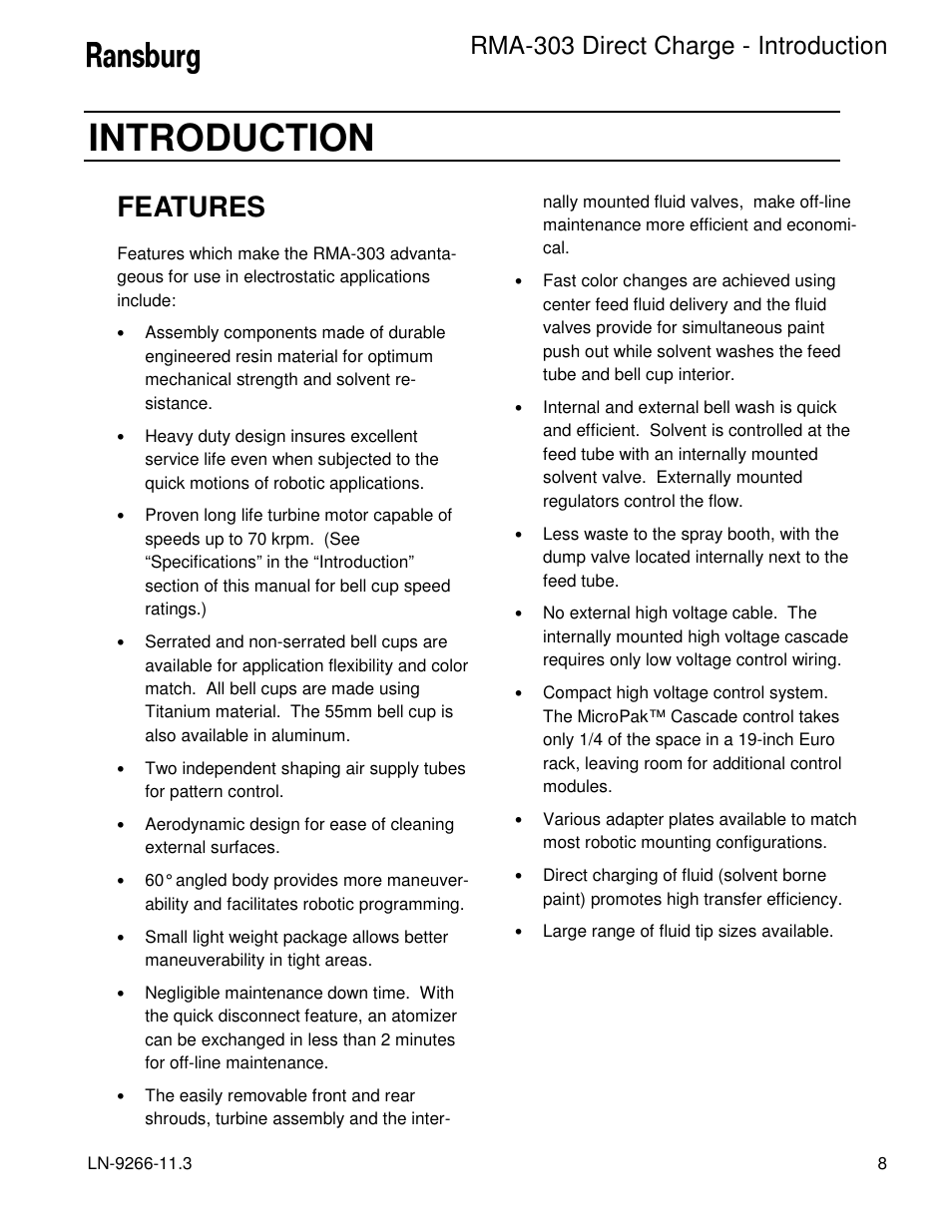Introduction, Features, Rma-303 direct charge - introduction | Ransburg RMA Direct A12867 User Manual | Page 11 / 118