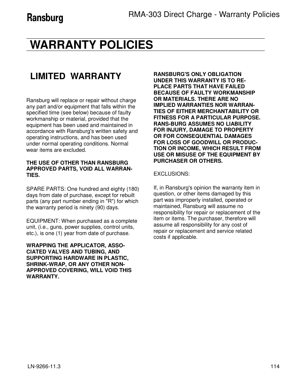Warranty policies, Limited warranty, Rma-303 direct charge - warranty policies | Ransburg RMA Direct A12867 User Manual | Page 117 / 118