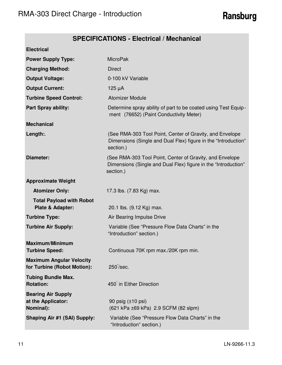 Rma-303 direct charge - introduction, Specifications - electrical / mechanical | Ransburg RMA Direct A12867 User Manual | Page 14 / 118