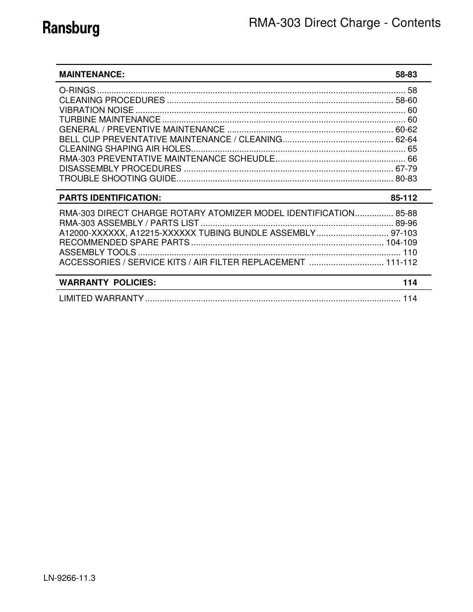 Rma-303 direct charge - contents | Ransburg RMA Direct A12867 User Manual | Page 3 / 118