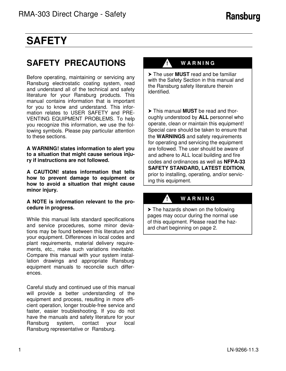 Safety, Safety precautions, Rma-303 direct charge - safety | Ransburg RMA Direct A12867 User Manual | Page 4 / 118