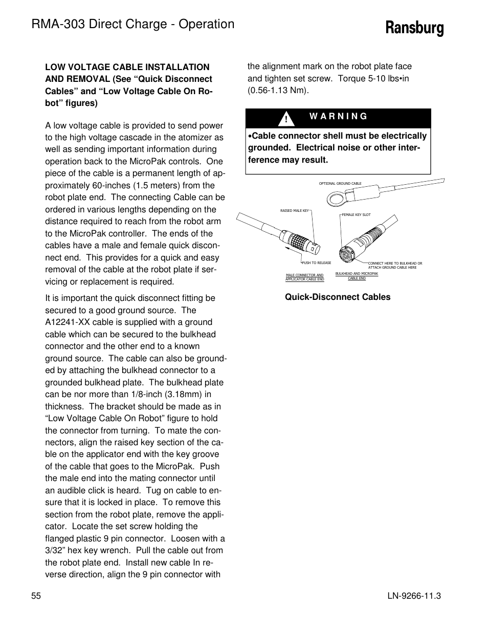 Rma-303 direct charge - operation, Quick-disconnect cables | Ransburg RMA Direct A12867 User Manual | Page 58 / 118