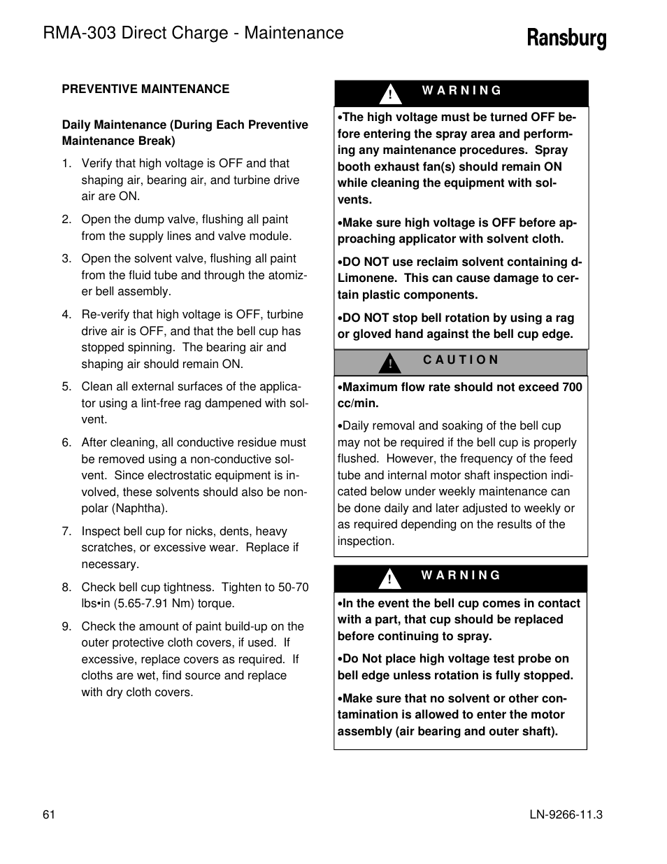 Rma-303 direct charge - maintenance | Ransburg RMA Direct A12867 User Manual | Page 64 / 118