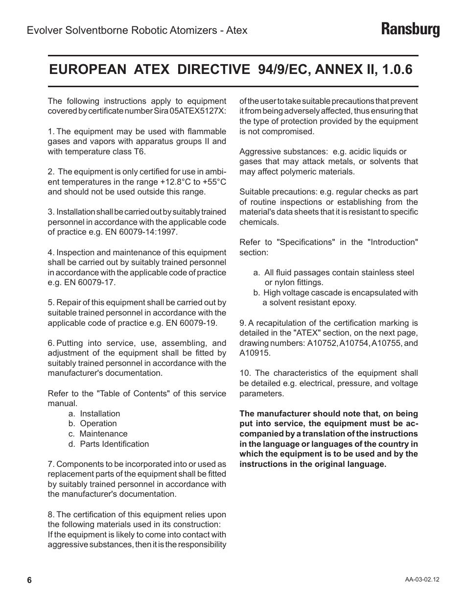 Ransburg, Evolver solventborne robotic atomizers - atex | Ransburg Evolver Solvent Robot Applicator 79190-XXXXXXXX User Manual | Page 10 / 82
