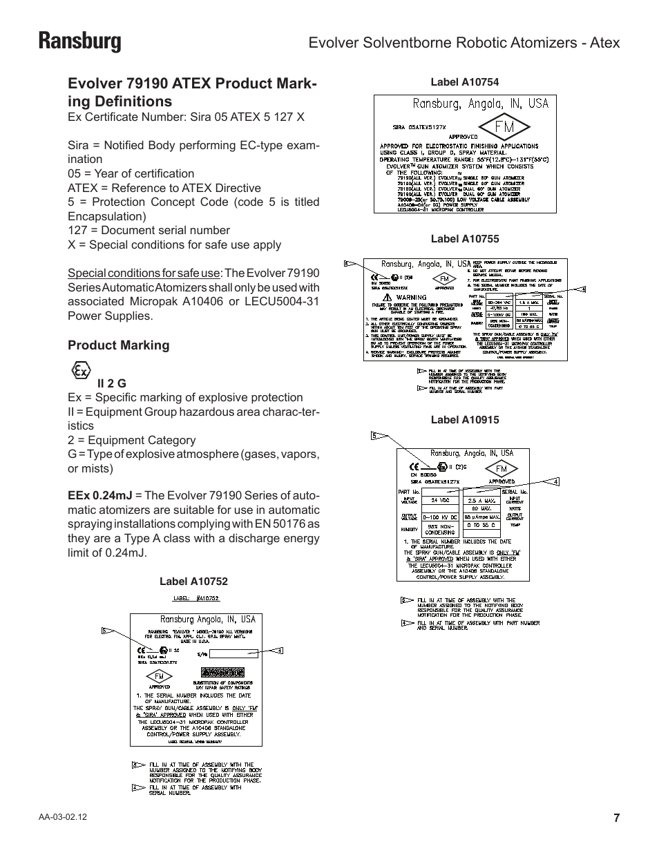 Ransburg, Evolver solventborne robotic atomizers - atex | Ransburg Evolver Solvent Robot Applicator 79190-XXXXXXXX User Manual | Page 11 / 82