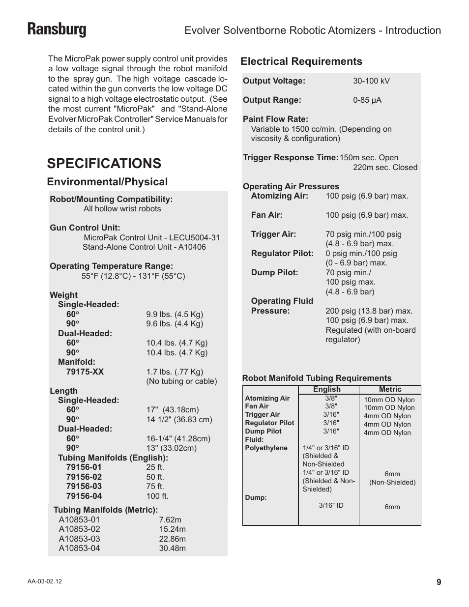 Ransburg, Specifications, Environmental/physical electrical requirements | Ransburg Evolver Solvent Robot Applicator 79190-XXXXXXXX User Manual | Page 13 / 82