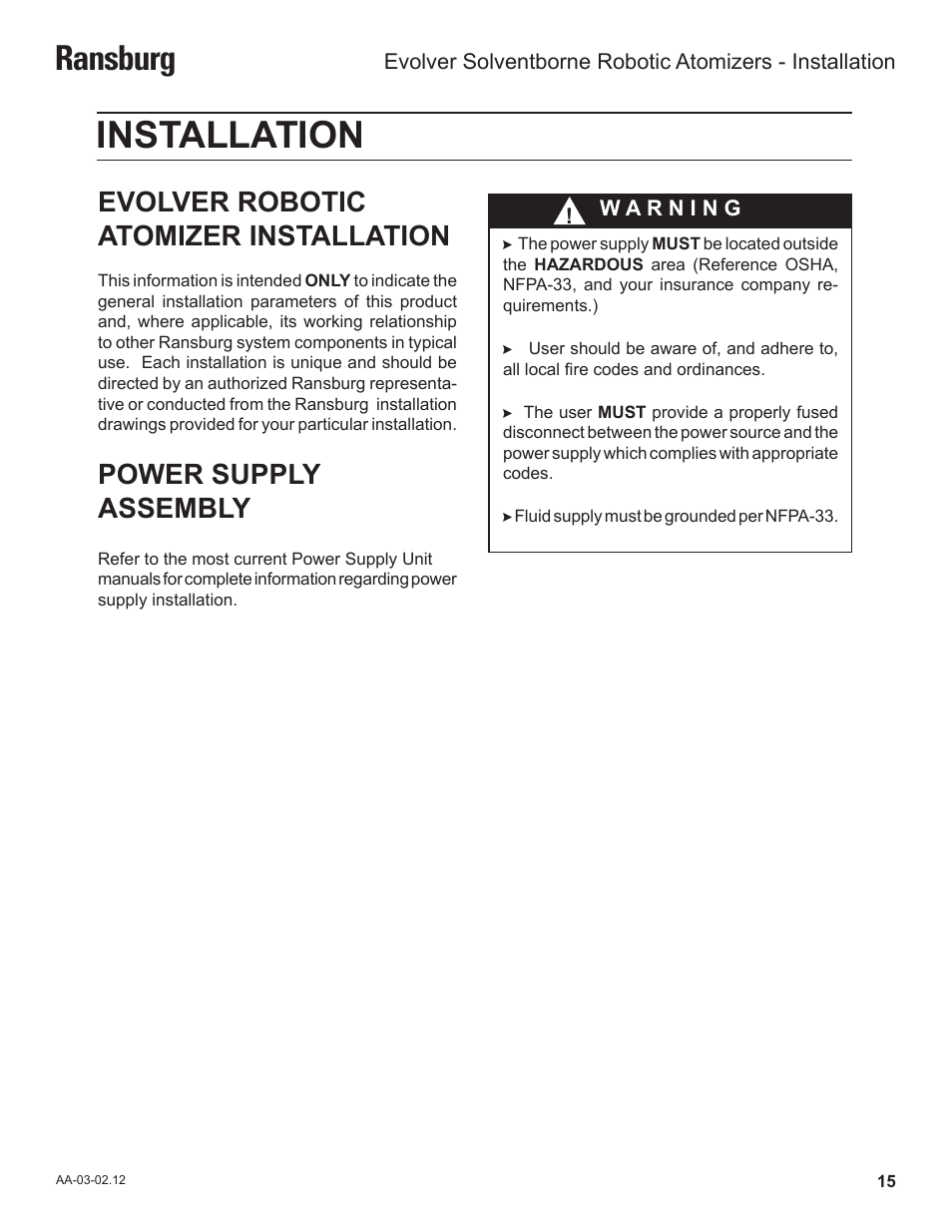 Installation, Ransburg, Evolver robotic atomizer installation | Power supply assembly | Ransburg Evolver Solvent Robot Applicator 79190-XXXXXXXX User Manual | Page 19 / 82