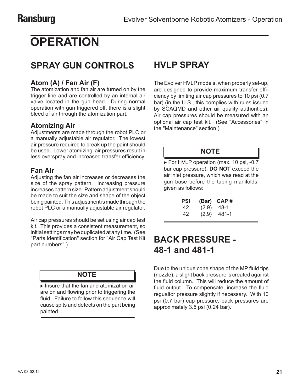 Operation, Ransburg, Spray gun controls | Hvlp spray | Ransburg Evolver Solvent Robot Applicator 79190-XXXXXXXX User Manual | Page 25 / 82