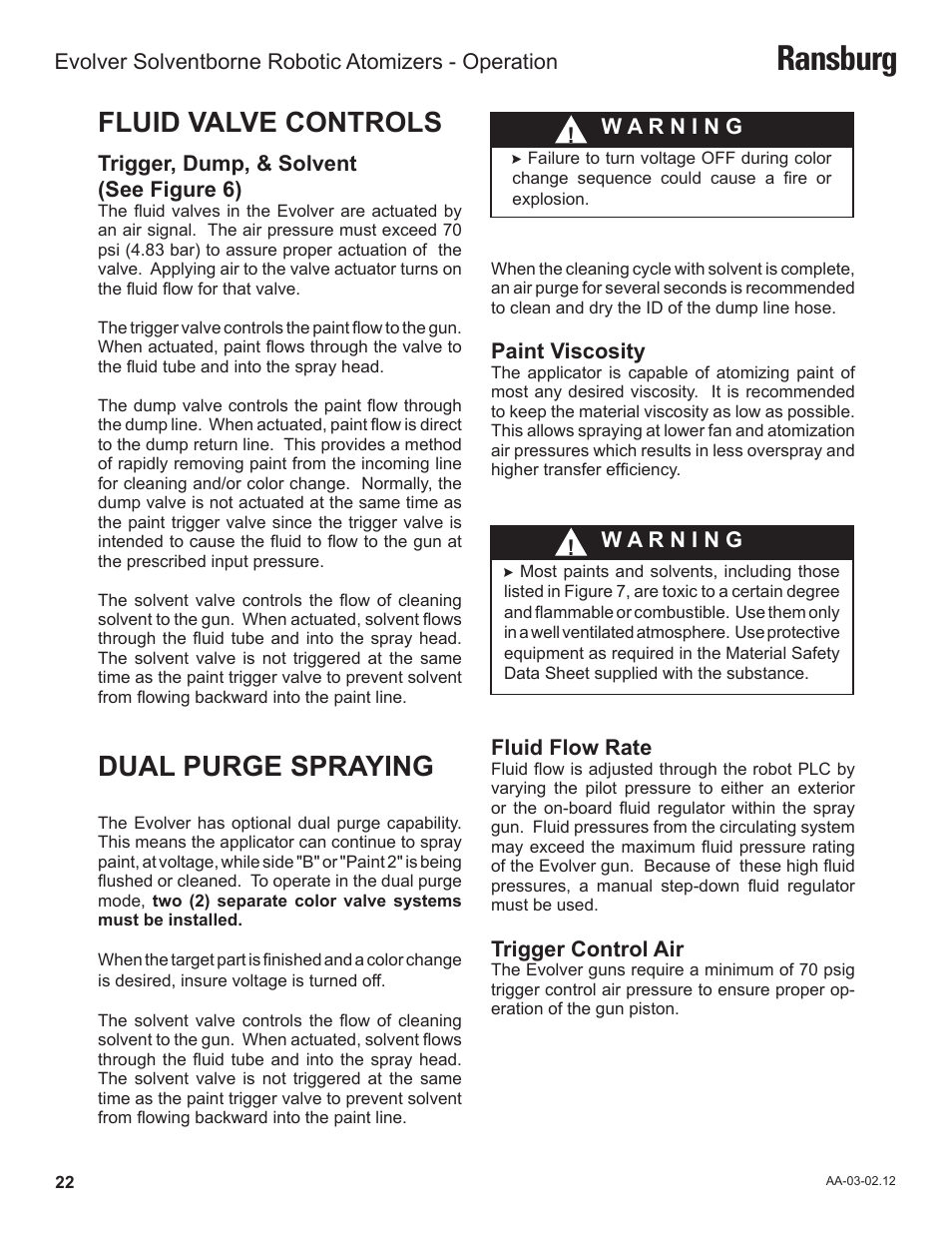 Ransburg, Fluid valve controls, Dual purge spraying | Ransburg Evolver Solvent Robot Applicator 79190-XXXXXXXX User Manual | Page 26 / 82