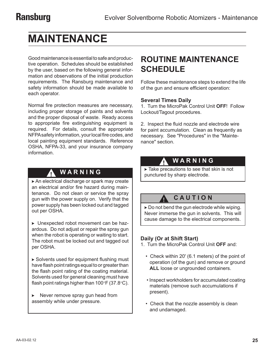 Maintenance, Ransburg, Routine maintenance schedule | Ransburg Evolver Solvent Robot Applicator 79190-XXXXXXXX User Manual | Page 29 / 82