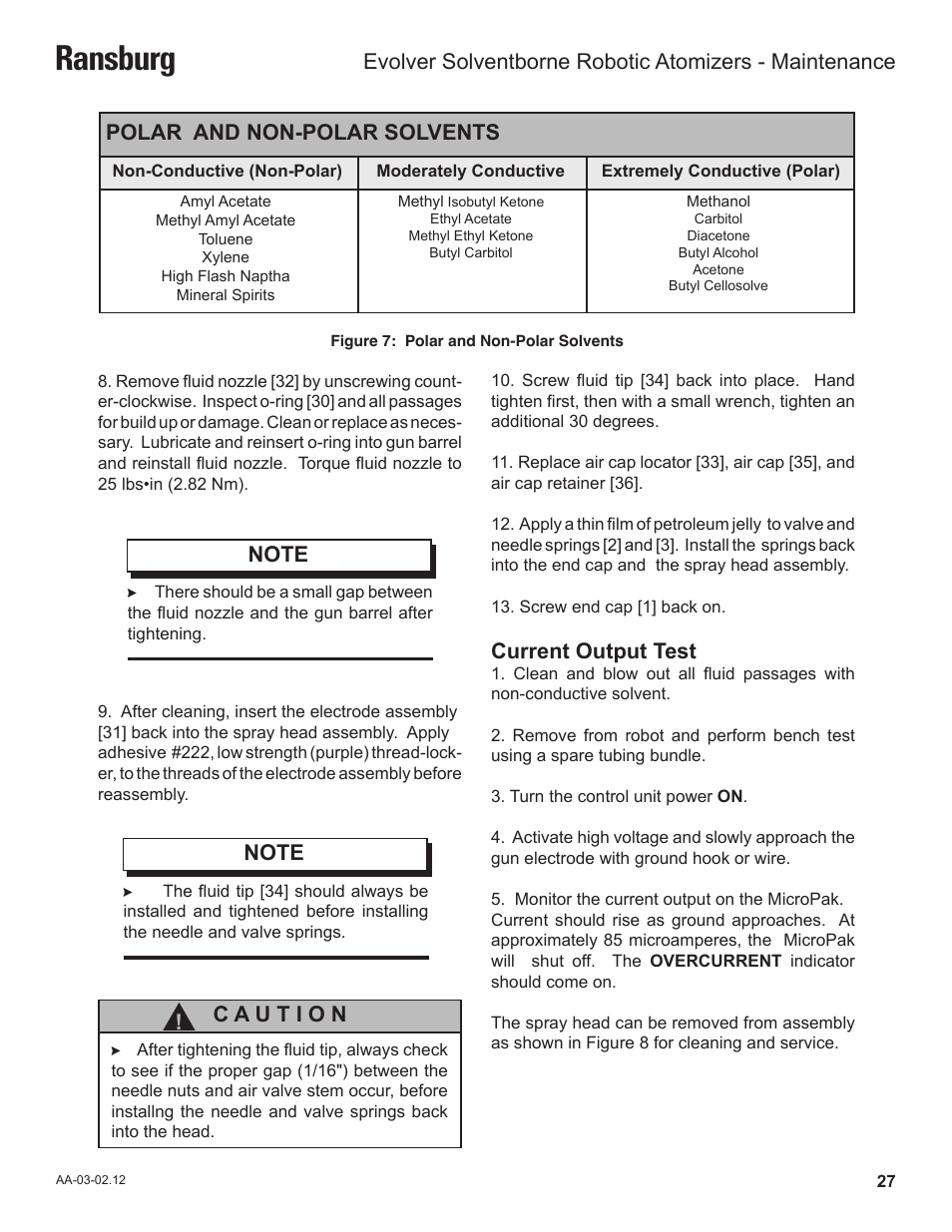 Ransburg, Current output test, Polar and non-polar solvents | Ransburg Evolver Solvent Robot Applicator 79190-XXXXXXXX User Manual | Page 31 / 82