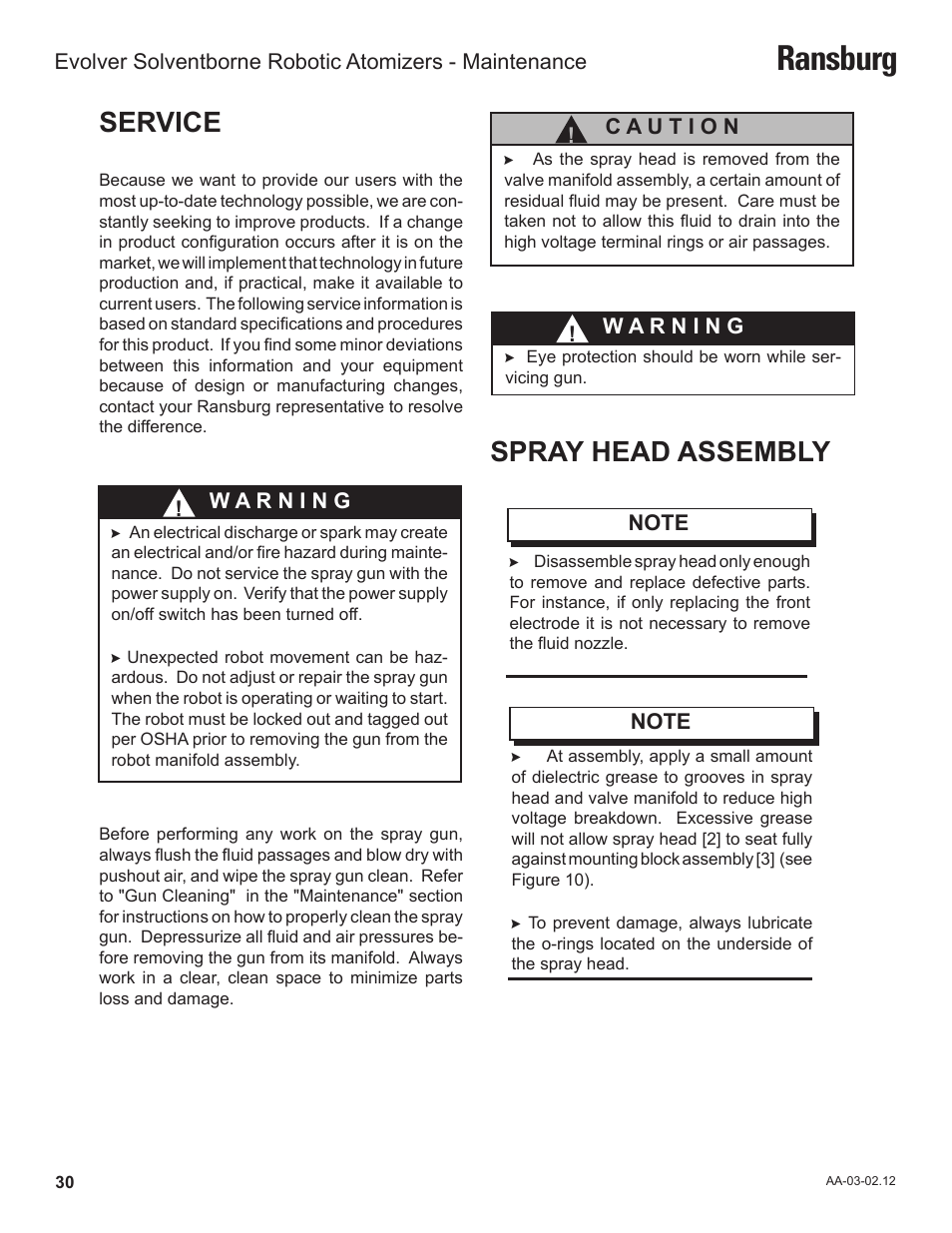 Ransburg, Service, Spray head assembly | Ransburg Evolver Solvent Robot Applicator 79190-XXXXXXXX User Manual | Page 34 / 82