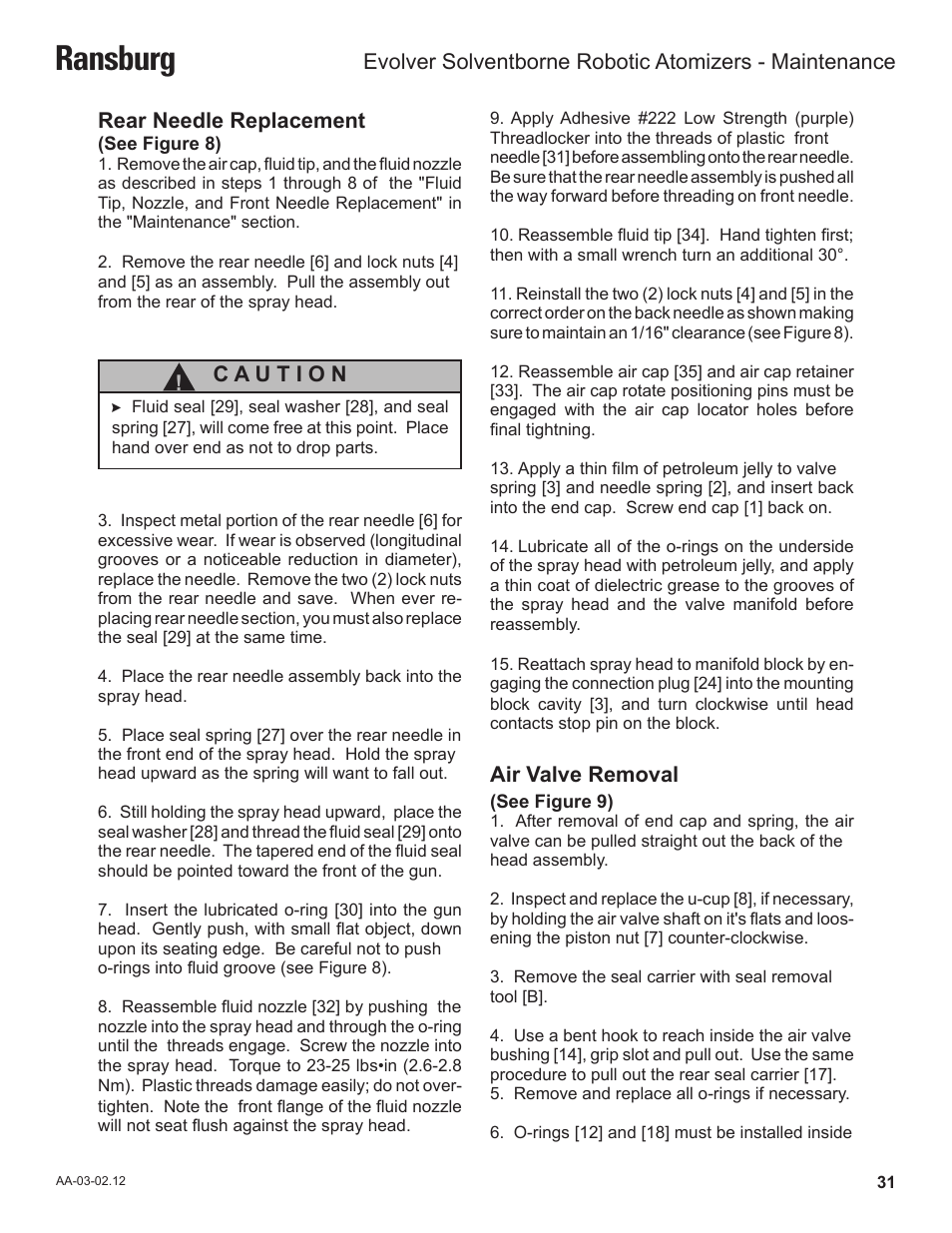 Ransburg, Rear needle replacement, Air valve removal | Ransburg Evolver Solvent Robot Applicator 79190-XXXXXXXX User Manual | Page 35 / 82