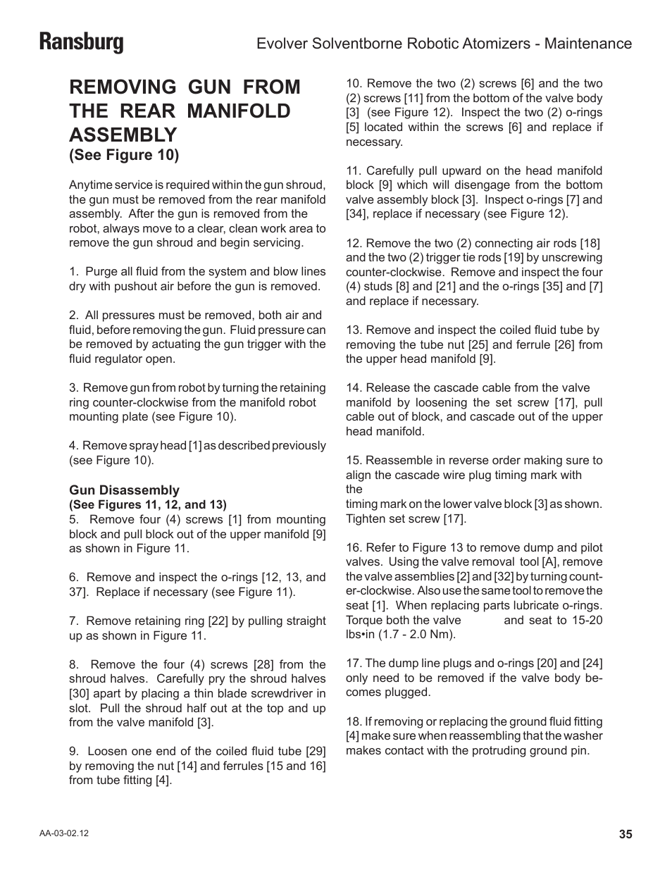 Ransburg, Removing gun from the rear manifold assembly | Ransburg Evolver Solvent Robot Applicator 79190-XXXXXXXX User Manual | Page 39 / 82