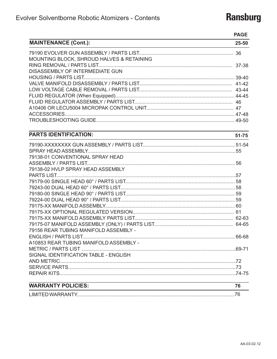 Ransburg, Evolver solventborne robotic atomizers - contents | Ransburg Evolver Solvent Robot Applicator 79190-XXXXXXXX User Manual | Page 4 / 82
