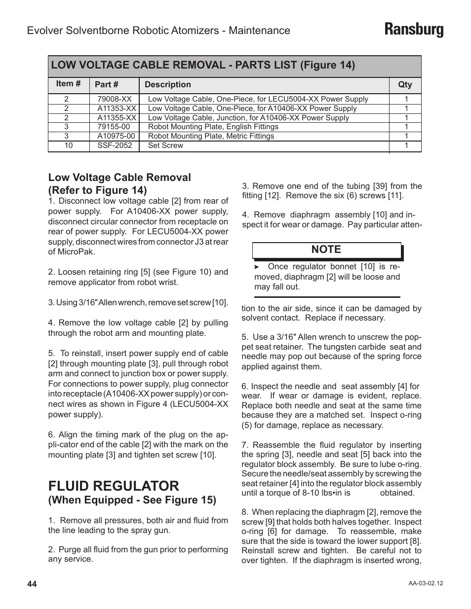 Ransburg, Fluid regulator, Low voltage cable removal (refer to figure 14) | When equipped - see figure 15), Low voltage cable removal - parts list (figure 14) | Ransburg Evolver Solvent Robot Applicator 79190-XXXXXXXX User Manual | Page 48 / 82