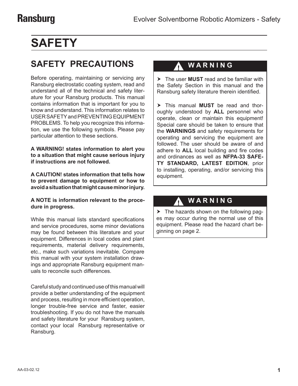 Safety, Ransburg, Safety precautions | Ransburg Evolver Solvent Robot Applicator 79190-XXXXXXXX User Manual | Page 5 / 82