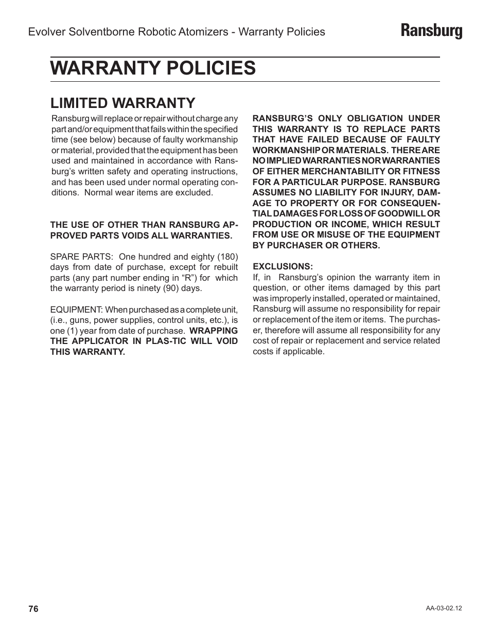 Warranty policies, Ransburg, Limited warranty | Ransburg Evolver Solvent Robot Applicator 79190-XXXXXXXX User Manual | Page 80 / 82