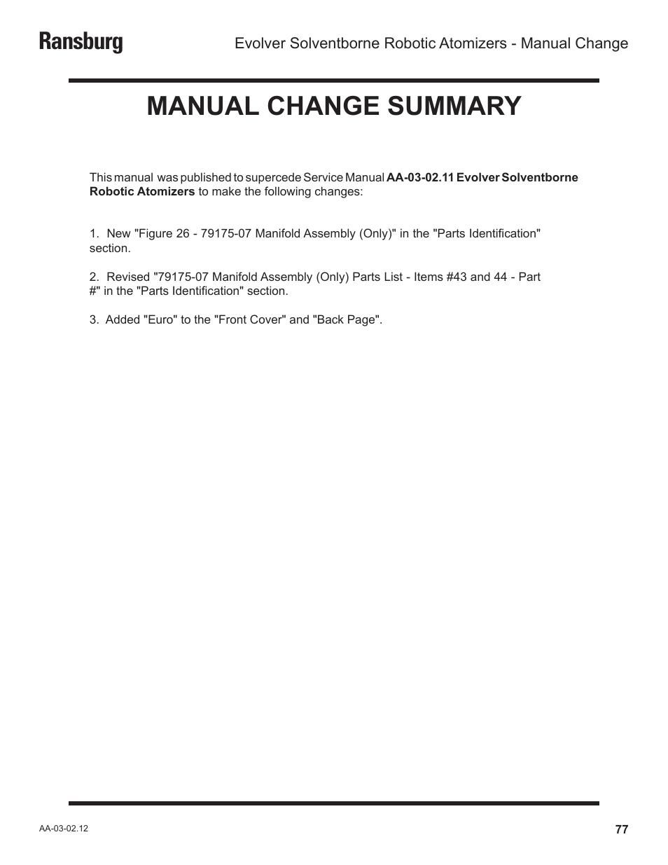 Manual change summary, Ransburg | Ransburg Evolver Solvent Robot Applicator 79190-XXXXXXXX User Manual | Page 81 / 82