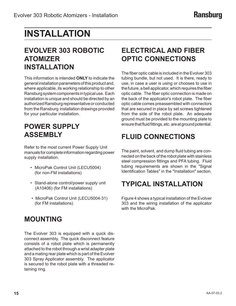 Installation, Ransburg, Evolver 303 robotic atomizer installation | Power supply assembly, Mounting, Electrical and fiber optic connections, Fluid connections, Typical installation | Ransburg Evolver 303 Solvent Applicator A11976-XXX User Manual | Page 18 / 85