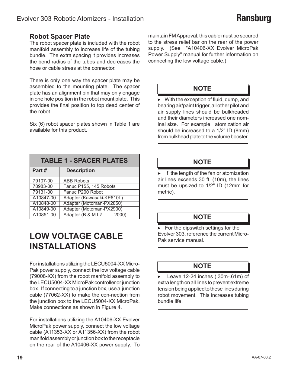 Ransburg, Low voltage cable installations, Robot spacer plate | Table 1 - spacer plates, Evolver 303 robotic atomizers - installation | Ransburg Evolver 303 Solvent Applicator A11976-XXX User Manual | Page 22 / 85