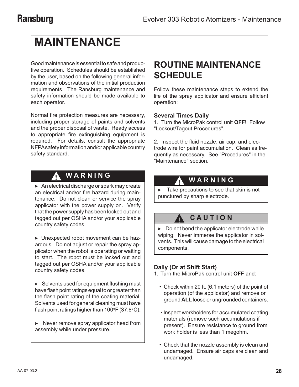 Maintenance, Ransburg, Routine maintenance schedule | Ransburg Evolver 303 Solvent Applicator A11976-XXX User Manual | Page 31 / 85