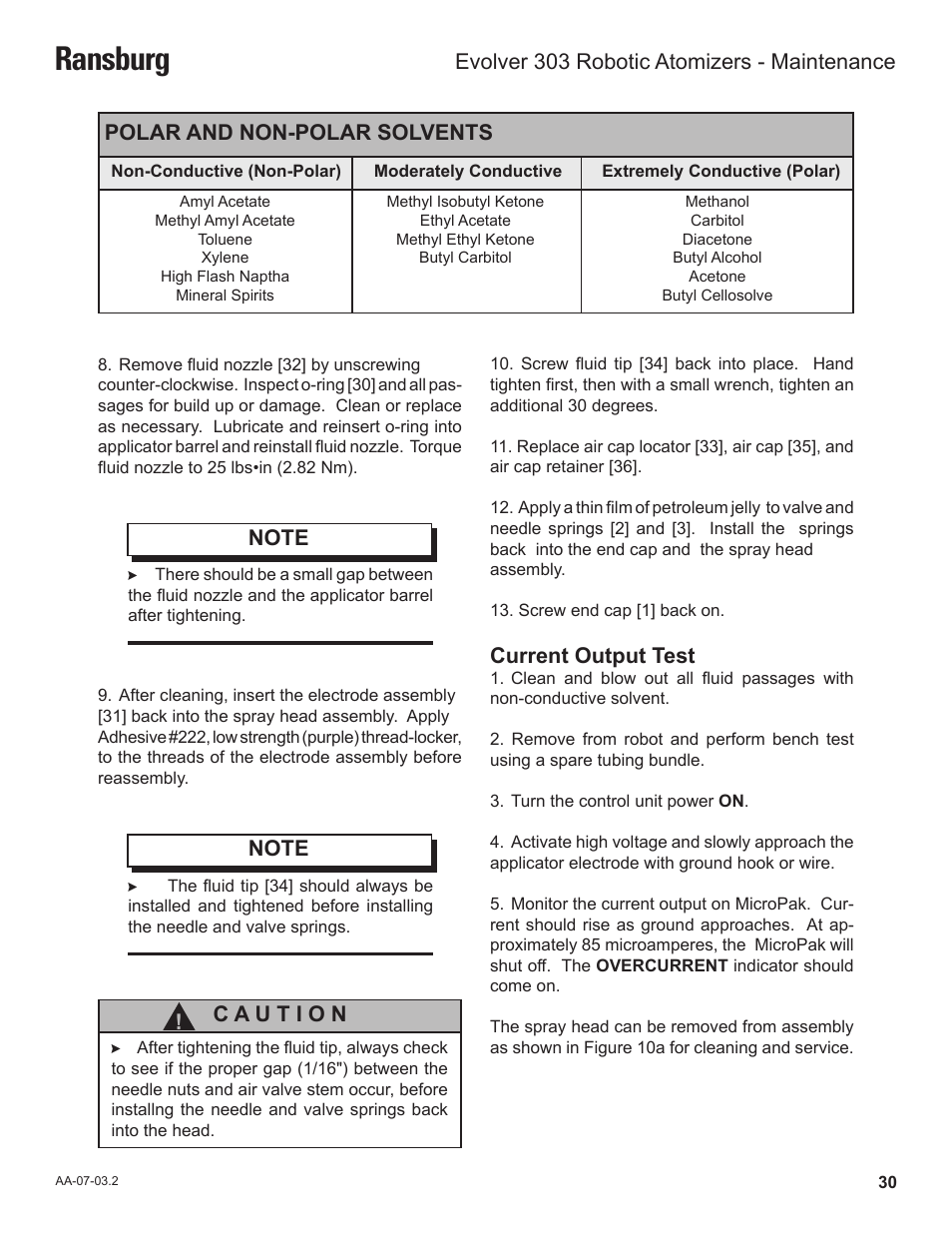 Ransburg, Current output test, Polar and non-polar solvents | Evolver 303 robotic atomizers - maintenance | Ransburg Evolver 303 Solvent Applicator A11976-XXX User Manual | Page 33 / 85